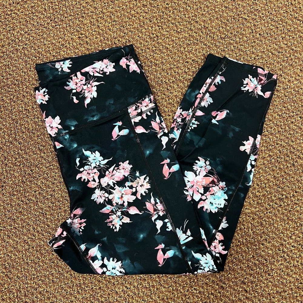 Gaiam High Waist Cropped Leggings | Pink Teal Blue Floral Pattern | Women's XL